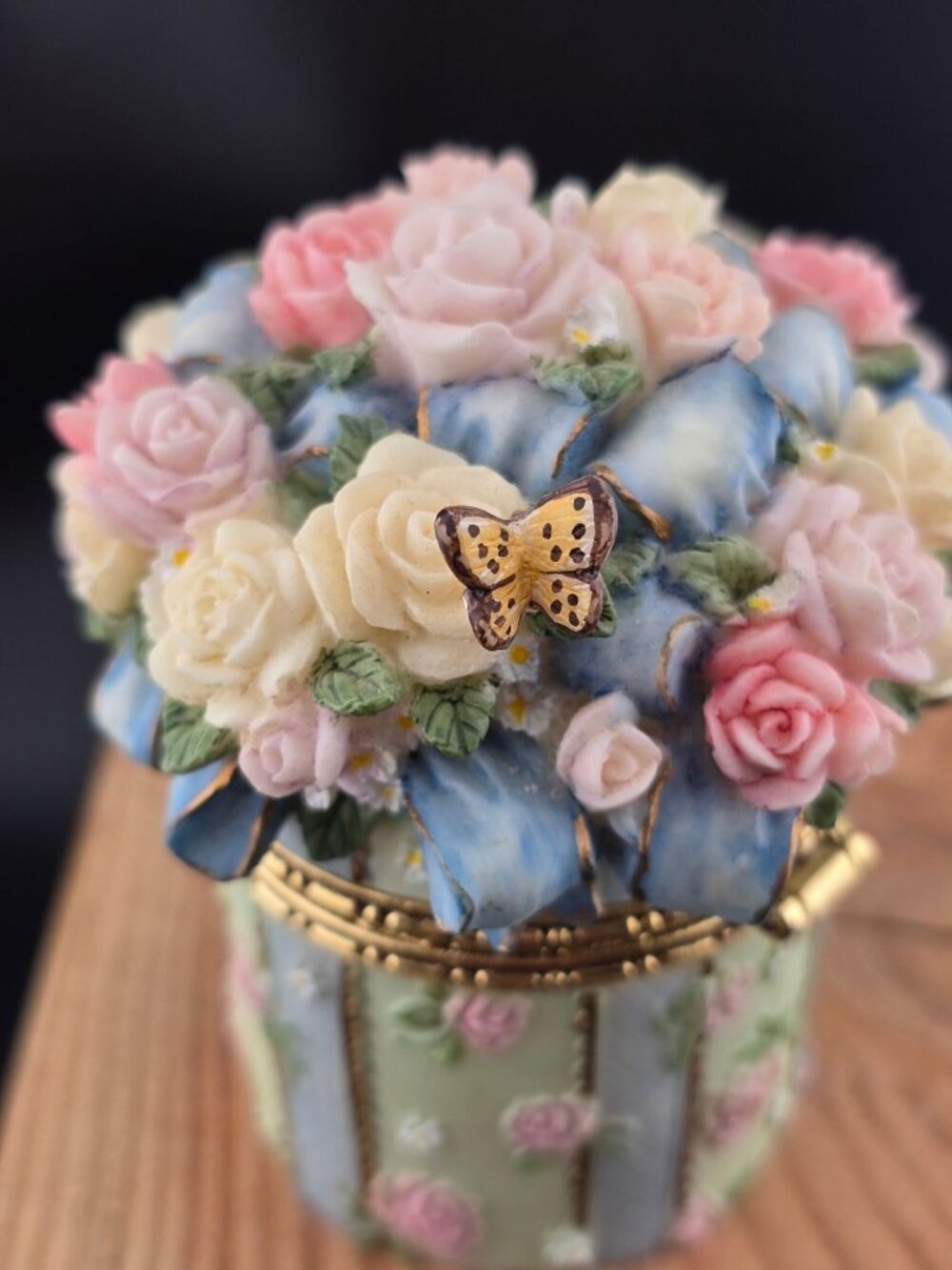 Flower and Butterfly Porcelain Trinket Box 3" Tall READ - Picture 4 of 16